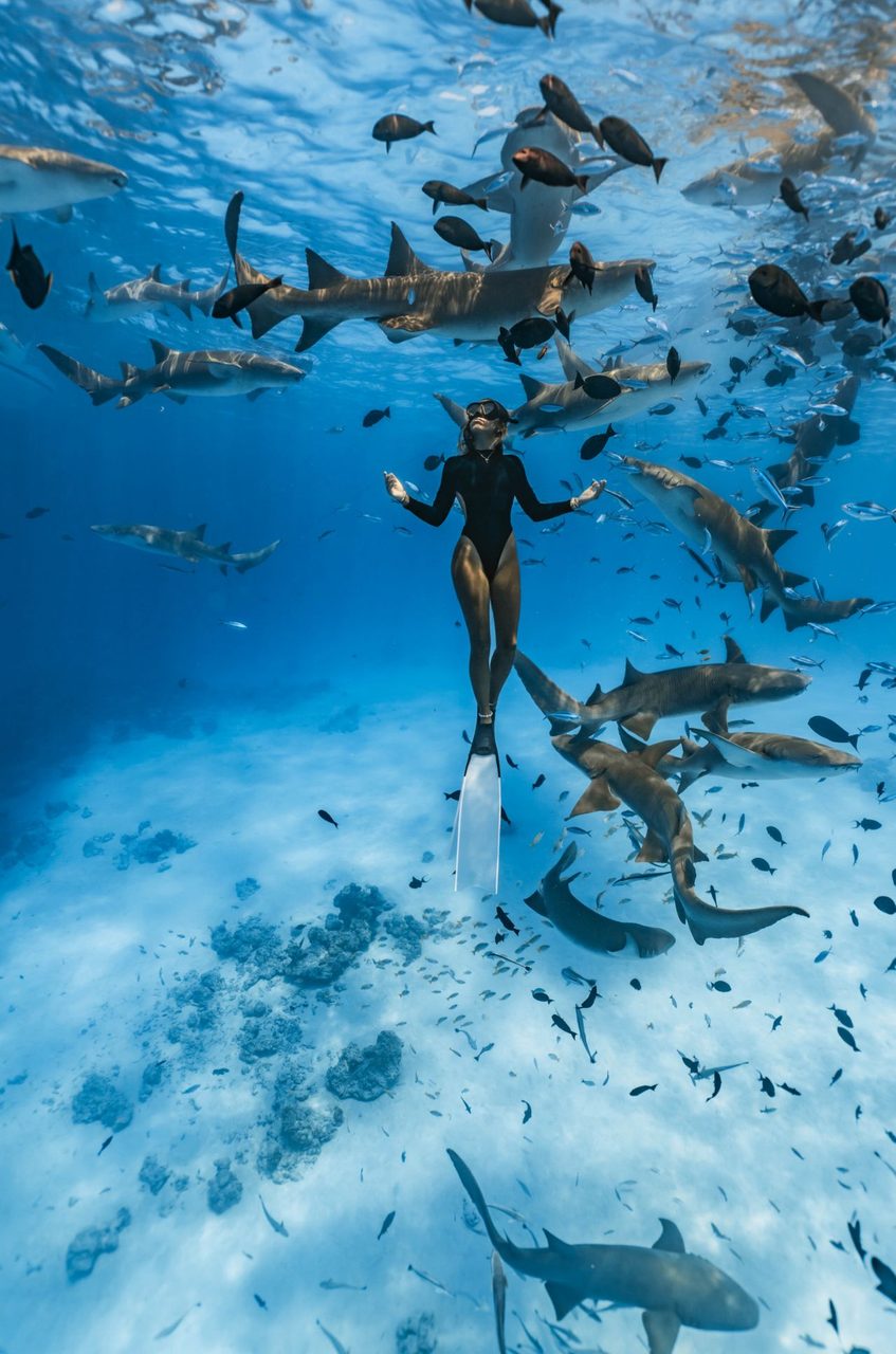 A freediver descending into blue water